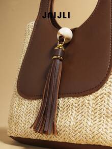 JNIJLI 1 件波西米亚风格流苏草编和 PU 皮革拼布手提包，复古法式编织包，适用于日常通勤、商务、休闲、旅行、海滩婚礼、野餐、节日，是送给女性、母亲、教师、朋友、伴娘的最佳礼物 - 咖啡棕 - 查看 5