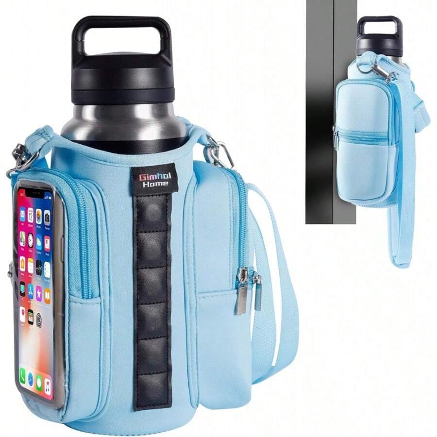 Magnetic Gym Bag Water Bottle Carrier Holder With Phone Pockets & Shoulder Strap,5 Built-In Magnets Gym Bottle Pouch Sleeve - Màu xanh nhạt - Xem 1