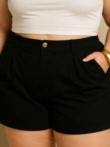 BrasOutlet Elegant Plus Size Women's Linen Shorts With Pockets, Casual Chic, Sizes G1 And G2 - 黑色 - 查看 4