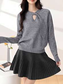 Grey Ribbon Sleeve Hollow Out Knit Sweater For Women, Soft Base Layer, Commuter Style, Autumn/Winter