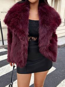 DEEKA Autumn/Winter New Thickened Faux Fox Fur Collar Faux Fur Jacket, YoungElegantt Mid-Length Artificial Fur Coat - Burgundy - View 5