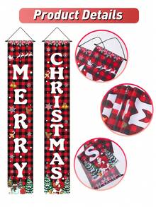 2pcs/Set Christmas Decoration Door Couplets, Red Black Plaid Santa Claus Snowman Pattern Door Banners, Merry Christmas Party Decoration Background Cloth, Christmas Indoor/Outdoor Porch Wall Decoration Hanging Flags, Christmas Entrance Door Front Door Decoration, Christmas Courtyard Garden Decoration