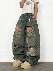 1pc Vintage Distressed High Street Loose Fit Wide Leg Jeans, Fashionable & Versatile (Product Does Not Include Belt Or Accessories) - Bronze - View 3