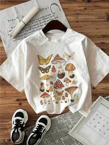 Women's Casual Short-Sleeve Crew Neck T-Shirt - Whimsical Mushroom Pattern; Butterfly Print, Vibrant Colors, Breathable Fabric, Summer Tops, All-Season Comfort, Casual Style, Artistic T-Shirt, Comfortable Fit, Printed Top, Nature Lover - White - View 1