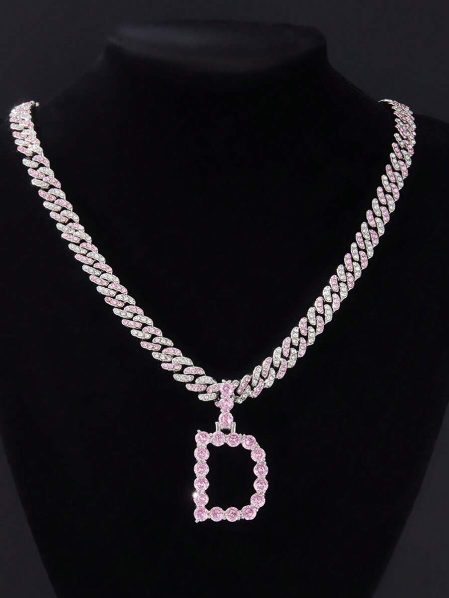 Fashionable Hip-Hop Pink Rhinestone Letter Pendant Necklace, Suitable For Women To Wear At Music Festivals And Parties