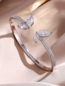 rakol 1pc Fashionable Elegant Butterfly & Water Drop Cubic Zirconia Decor Open Bangle Bracelet For Women