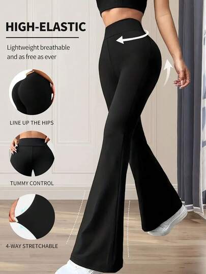 Women's Elegant High Waist Flared Pants - Regular Elastic Waistband, Mid-Rise, Elastic And Comfortable To Carry, Suitable For Spring And Autumn Office And Leisure And Sportswear