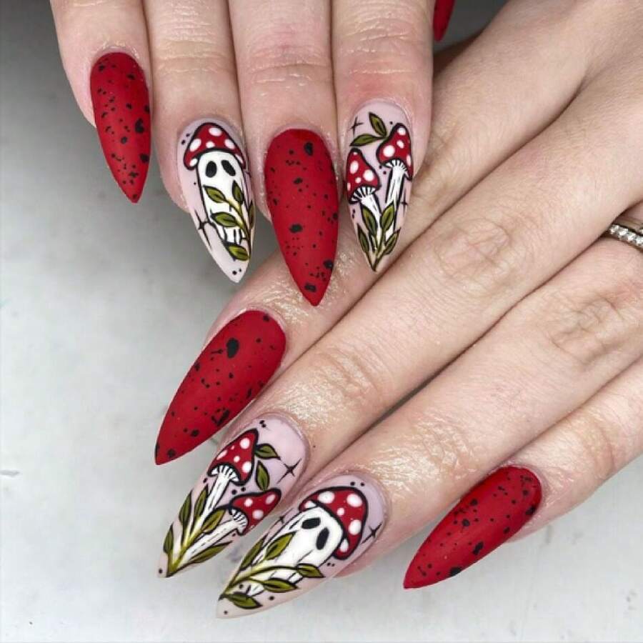 24Pcs Halloween Press On Nails Red False Nails Medium Almond Fake Nails With Mushroom Designs Cute Artificial Nude Pink Full Cover Halloween Nail Press Ons Stick On Nails For Women Nail Art,17114489 - 亮橙色 - 查看 1