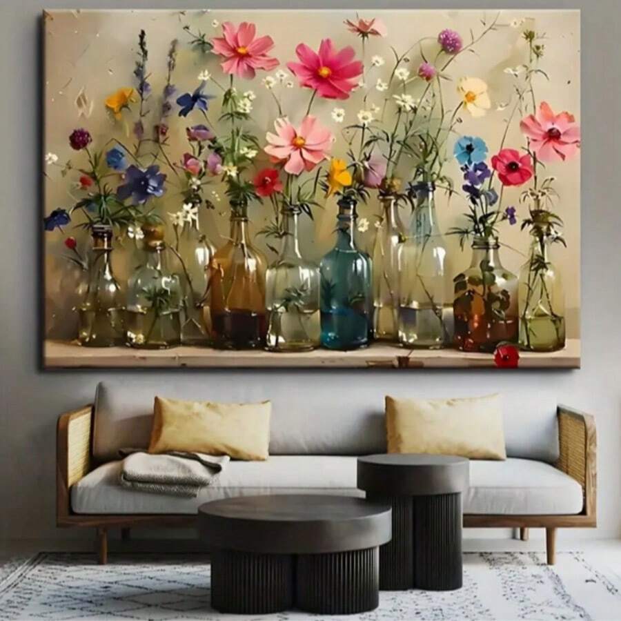 Vibrant Floral Canvas Art With Mason Jars – Modern Wall Decor For Living Room, Bedroom, Or Home Office – Colorful Bouquet Design In Blue, Pink, Yellow, And Purple – Ideal Housewarming Gift, Home Decor