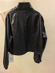 Women's Solid Black PU Leather Jacket, Stand Collar Zipper Pockets For Daily Commute & Outdoor Wear, Elastic Cuffs, Lined, Retro Regular Fit, New Spring/Autumn/Winter Coat