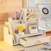 Organizador de escritorio con cajones diseño inclinado para marcadores acuarelas gran capacidad almacenaje accesorios oficina estudio material escolar - Blanco - Ver 2