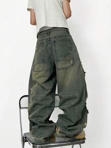 1pc Vintage Distressed High Street Loose Fit Wide Leg Jeans, Fashionable & Versatile (Product Does Not Include Belt Or Accessories) - Bronze - View 2