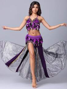 3pcs Women's Belly Dance Costume Set, Including Belly Dance Bra, Belt And Chiffon Skirt, Professional Outfit - Multicolor - View 14