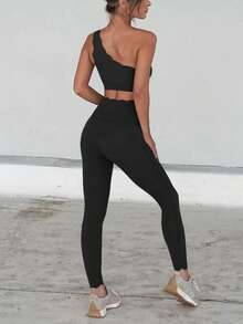 Women's 2 Piece Workout Outfits One Shoulder Sports Bra And High Waisted Leggings Athletic Gym Yoga Sets - 黑色 - 查看 3