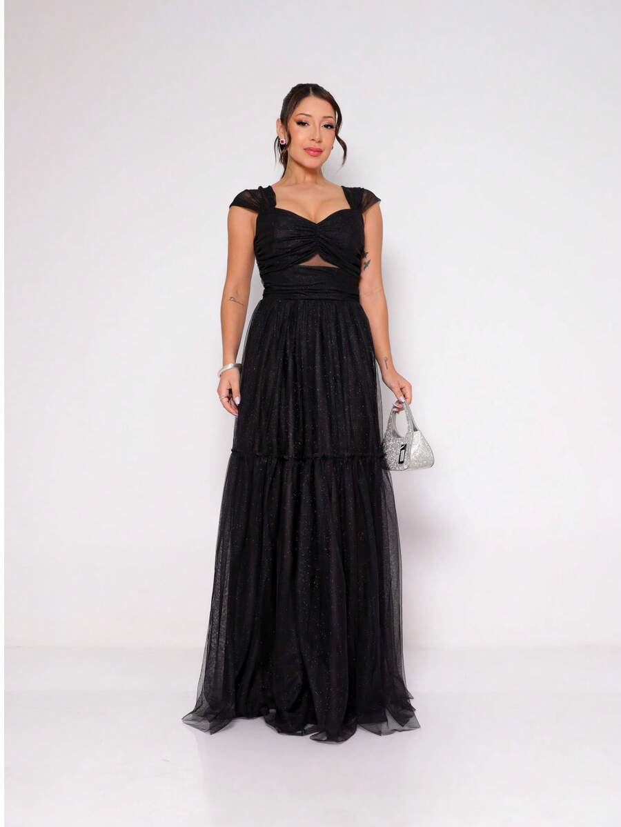 Shiny Bridesmaid Dress With Slit At The Waist - 黑色 - 查看 1