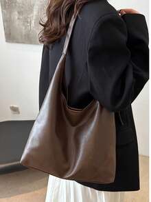 2 pièces Ensemble de sacs mère-enfant, grand sac à main pour femmes, nouveau sac sous-bras minimaliste à surface douce pour l'automne/hiver 2025, sac bandoulière de transport rétro pour le shopping - Marron - Voir 4