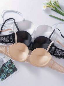 Bộ 3 áo ngực dây mảnh màu trơn ren tối giản gợi cảm dành cho nữ - Nhiều màu - Xem 3