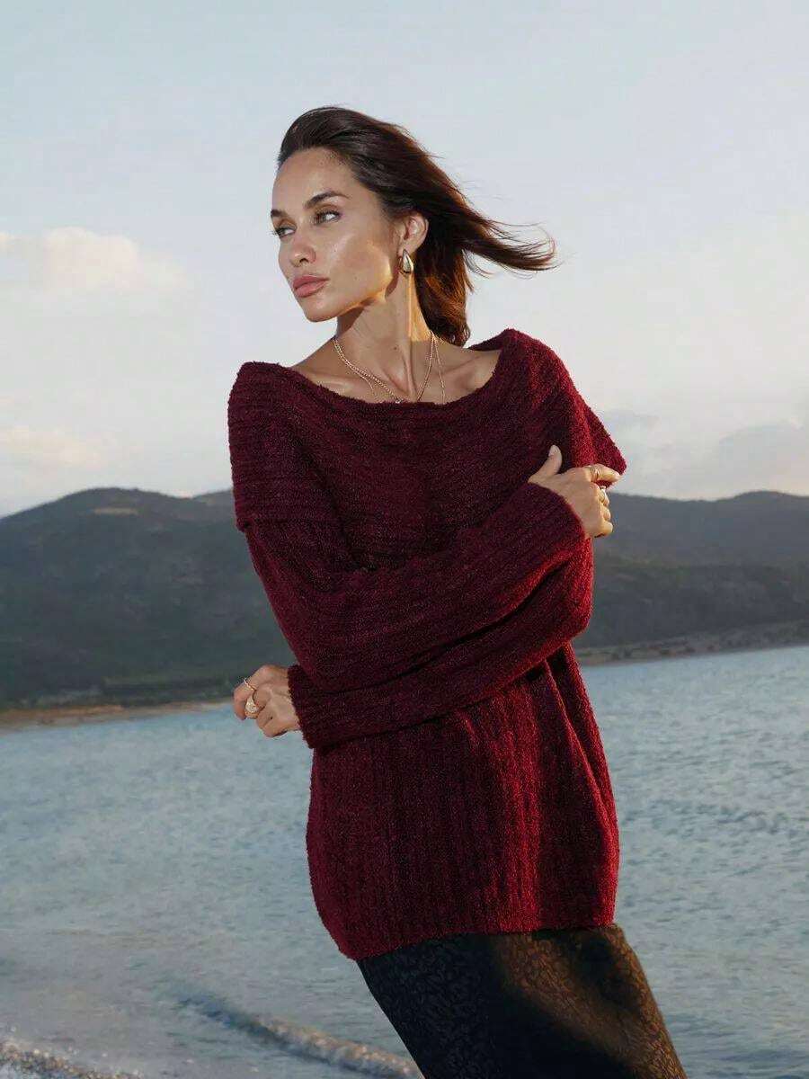 Einfarbiges, lässiges, geripptes Rundhalsausschnitt, elegantes Langarmkleid - Bordeaux - Übersicht 1