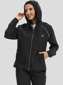 1 件女士雨衣轻便防水防风拉链风衣雨衣连帽带口袋户外徒步骑行运动 - 黑色 - 查看 2