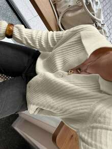 Áo khoác cardigan dệt kim tay dài cài cúc cổ ve áo màu vàng mù tạt mới dành cho nữ Senya mùa Thu/Đông, áo len chui đầu dáng rộng kẻ sọc dọc, áo khoác dệt kim mặc hàng ngày và đi làm. - Màu be - Xem 2