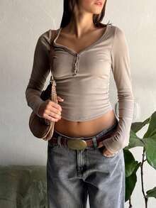 Womens Henley Shirts Casual Long Sleeve V Neck Button Front Slim Fit Plain Tops Blouses - Beige - View 4