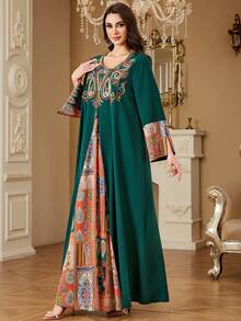 Women's Abaya Robe Muslim Long Sleeve Embroidered Elegant Robe, Casual Patchwork Loose Fit Dubai Style