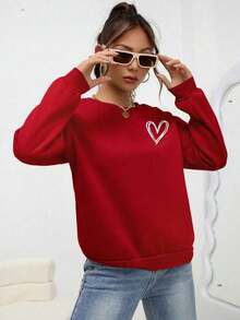 2026 TopsINAWLY Heart Print Drop Shoulder Sweatshirt,Ladies Spring/Fall Casual Long Sleeve Round Neck Loose Regular Green Drop Shoulder Pullovers Women Hoodies,Long Sleeve Tops Graduation,Back To School Fits,Graduation,Teacher Fits For Women,Back To SchoolLoose And Comfortablewinter Clothes For Women - Đỏ - Xem 3