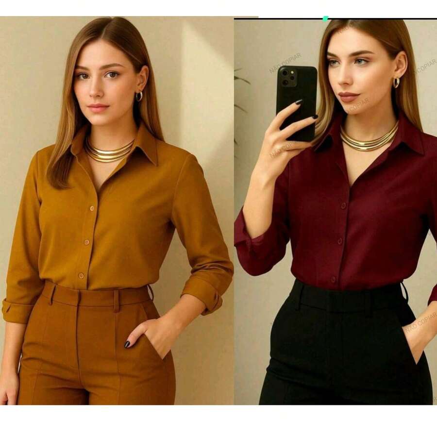 Kit 2 Long Sleeve Striped Dress Shirts For Summer Fashion - 馬薩拉葡萄酒套裝 - 查看 1