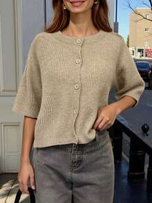 Women's Casual Vacation Fashion Versatile Solid Color Loose Round Neck Short Sleeve Button Cardigan Sweater, Suitable For Spring And Autumn - Camel - View 2