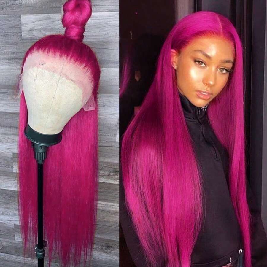 Hot Pink Lace Front Wigs For Women 26 Inch Long Silky Straight Red Glueless Hair Replacement Wigs Soft Fiber Synthetic Lace Front Wigs For Daily Party Cosplay Use - 紅色 - 查看 1
