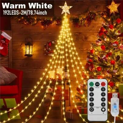 1 pieza Luz de cascada de estrella LED de 2M192/3M282 con control remoto, 8 modos de iluminación, decoración de ambiente navideño, adecuada para árbol de Navidad, sala de estar, fiesta, decoración navideña, decoración de Acción de Gracias, boda, cumpleaños, suministros para fiestas, interior y exterior, jardín, Halloween
