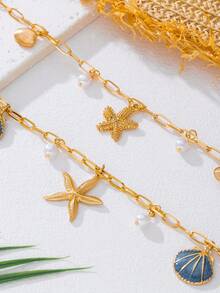 1 mặt dây chuyền hình sao biển và vỏ sò bằng kim loại phong cách đại dương, phù hợp với trang phục thường ngày và ngày lễ của phụ nữ - Màu xanh lam - Xem 2