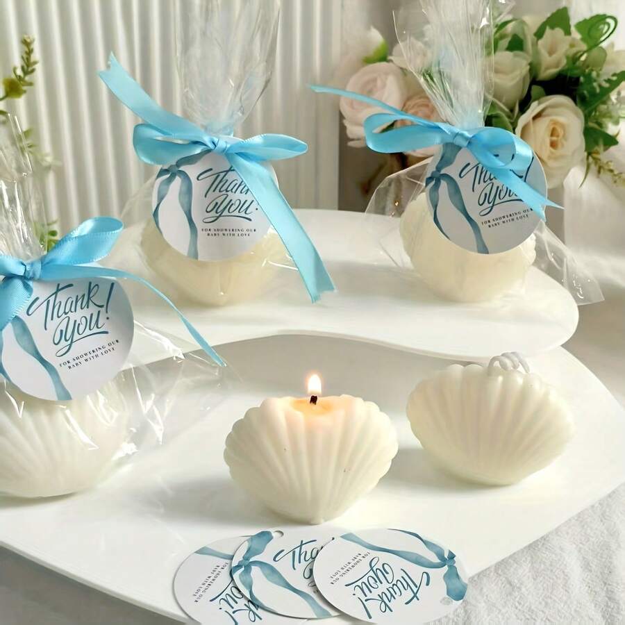 YESTARY 10 Sets Baby Shower Party Favors For Guests Small Seashell Shaped Tealight Candles With Thank You Tags And Ribbons, Return Gifts For Baby Shower Theme Party Favor, Wedding Bridal Shower, Birthday Party Decorations (Pink/Blue) - 藍色 - 查看 1