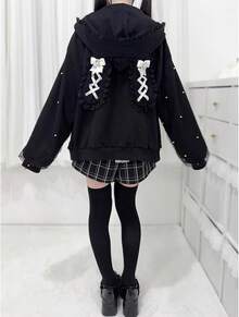 Women Cute Bunny Ear Long Sleeve Fuzzy Fluffy Rabbit Tops Sweatshirt Hoodie Coats - 弓黑色 - 查看 3