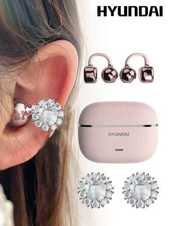  HYUNDAI HY-C03 Fashionable Bluetooth Earphones With Accessories, Open-Ear Design, Long Battery Life, Low Latency, Surround Sound, High-Quality Music, Gaming, Calls, Noise Cancellation, Wireless, No Piercing, Stylish Earring Accessory, Gift For Women