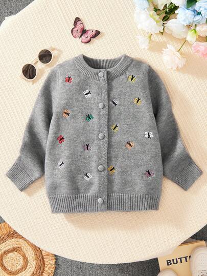 Cardigan para meninas, casaco de malha quente com bordado de borboletas, gola redonda e manga comprida, adequado para meninas de 3 a 9 anos, primavera, outono e inverno