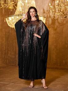 UNITHORSE [Random Cut] Round Neck Batwing Sleeve Ombre Sequin Patchwork Evening Gown, Arabic Style Dress - Black - View 1