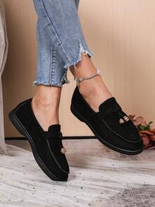 Nouvelles chaussures plates pour femmes de couleur unie, avec décoration de nœud papillon. Chaussures plates élégantes pour le port intérieur et extérieur, automne/hiver - Noir - Voir 5