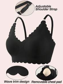 女士无缝文胸无钢圈舒适聚拢文胸性感露背内衣纯色波浪边女式文胸无钢圈吊带背心内衣女士基础款内衣
