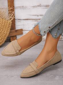 女士尖头平底鞋，彩色图案，新款秋季户外日常休闲乐福鞋，时尚面料软底工作驾驶莫卡辛鞋，舒适百搭的便鞋，随机图案设计 - 卡其色絨面-圓扣 - 查看 4