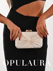 OpulAura 1pc Vintage Elegant Satin Pleated Twist Formal Party Clutch Bag, Charming & Refined Formal Event Handbag, Luxury Box Style Small Purse Suitable For Party/Wedding/Formal Occasion, With Detachable Chain For Shoulder Or Crossbody Wear - Apricot - View 9