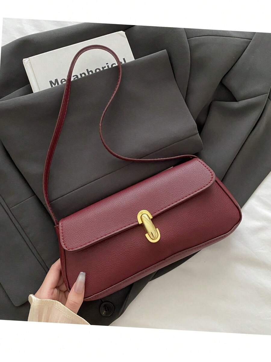 女士复古鳄鱼压纹翻盖金属装饰锁扣单肩腋下包，适合约会、郊游和派对 - 酒紅色 - 查看 1