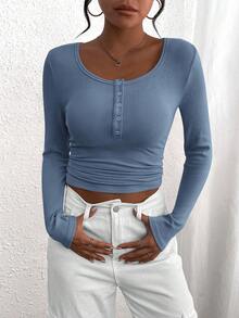 Women's Autumn Long-Sleeved Henry Shirt T-Shirt Button Ribbed Knit Fashion Tight Basic Top Shirt - Màu xám xanh - Xem 3