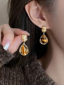 3 Pairs Vintage Amber Asymmetrical Water Drop Geometric Stud Earrings, Minimalist Design, High-End Minimalist Style Earrings Set, Suitable For Women's Daily And Festival Wear, Autumn/Winter - Set a - View 5
