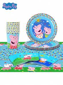Hasbro 孩之宝官方授权 37 件小猪佩奇派对用品套装一次性餐具套装含桌布纸杯盘子餐巾卡通主题生日派对装饰儿童派对礼物野餐聚会庆祝 - 藍色 - 查看 8