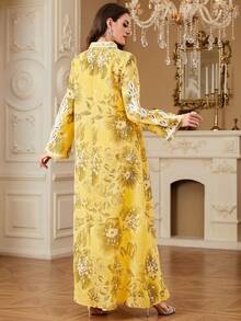 Women's Long Robe Muslim Long Sleeve Embroidered Random Print Maxi Kaftan Dubai Arabic Elegant Dress - Yellow - View 3