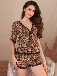 2pcs Women Sleepwear Pajama Set, Vintage Sexy Leopard Print Lace Patchwork, Ice Silk Fabric Slim Tie Front Top And Shorts, Fall Winter Clothes
