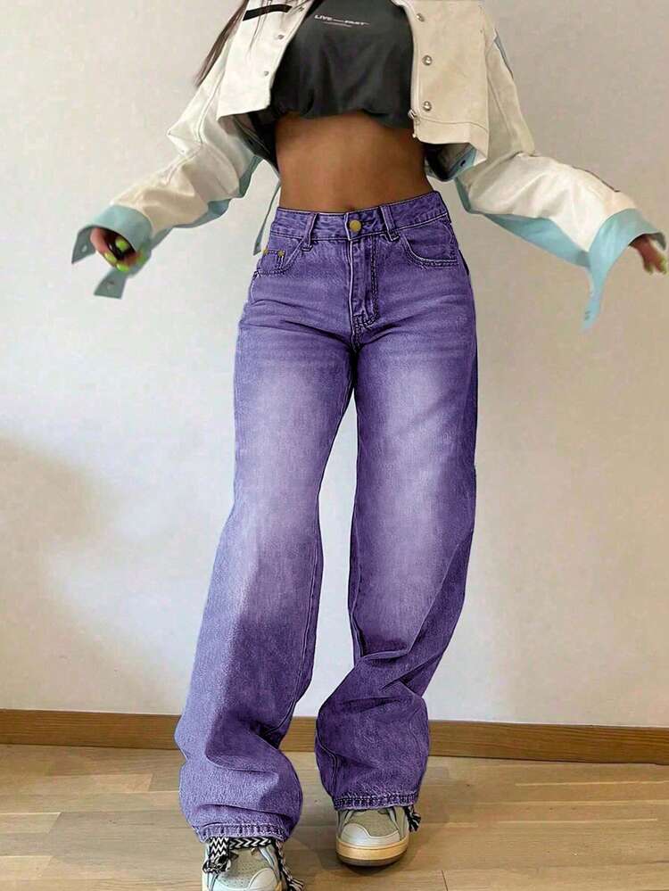 Jeans larges en denim violet pour femmes - Nouveauté automne-hiver 2025, pantalon de base polyvalent et affinant la silhouette pour femmes, toutes saisons - Prune - Voir 1
