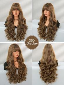 7JHH WIGS Brown Highlight Wigs Loose Extra Long Wavy Wigs For Women, Synthetic Wave Curly Wig With Bangs, Silky Soft Heat Resistant Fiber Hair For Daily Wear, Music Festivals Celebrations Party Use 30 Inch - 亞麻棕 - 查看 5