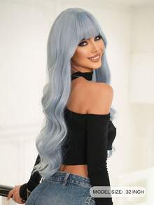 7JHH WIGS Blue Highlight Wigs Loose Extra Long Wavy Wigs For Women, Synthetic Wave Curly Wig With Bangs, Silky Soft Heat Resistant Fiber Hair For Halloween Cosplay Wear, Music Festivals Celebrations Party Use 30 Inch - 挑染藍色 - 查看 3
